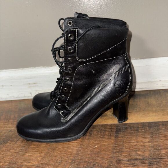 TIMBERLAND Black Leather Lace Up Heeled Booties Combat Boots Grunge Retro sz.8 - Picture 3 of 7